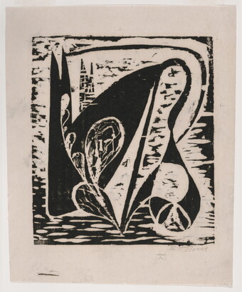 An abstract black-and-white print of plant-like shapes stretching and bending over chunky, black shapes.