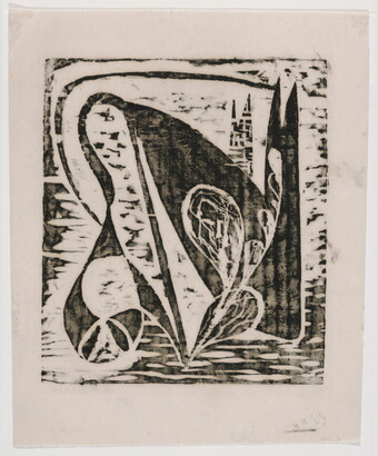 An abstract black-and-white print of plant-like shapes stretching and bending over chunky, black shapes.