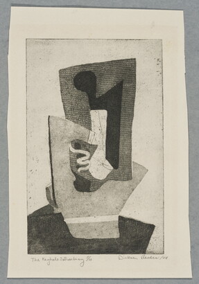 An abstract black-and-white print of white and gray organic shapes fitted together to create a shadowed keyhole shape.<br />