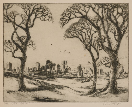A black-and-white print of a city skyline in the distance framed by three trees in the foreground.<br />