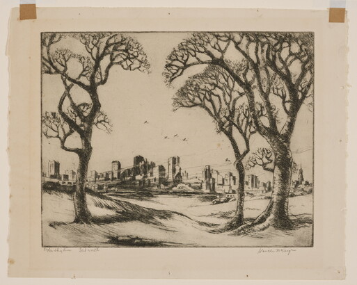 A black-and-white print of a city skyline in the distance framed by three trees in the foreground.<br />