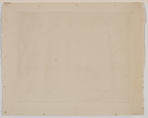 A black-and-white print of a city skyline in the distance framed by three trees in the foreground.<br />