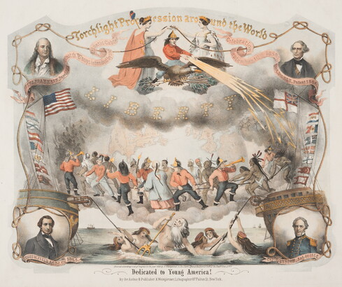 A color print of multiple historical mythological scenes in the center over the words "Dedicated to Young America" with portraits of four famous White men in the corners.