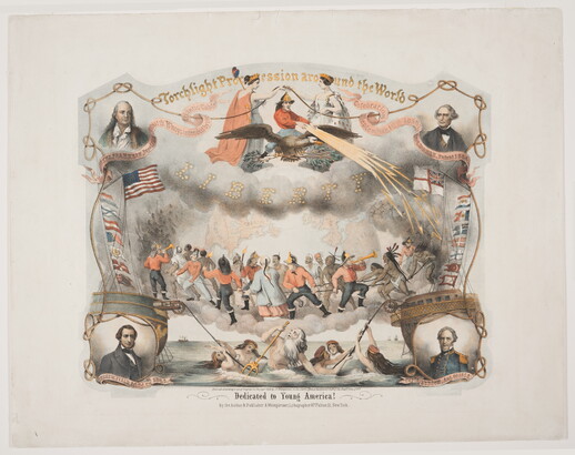 A color print of multiple historical mythological scenes in the center over the words "Dedicated to Young America" with portraits of four famous White men in the corners.