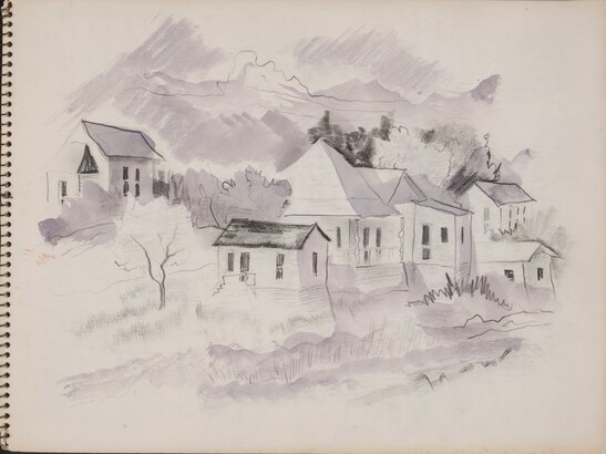 A black-and-white watercolor of six houses built into the side of a hill.