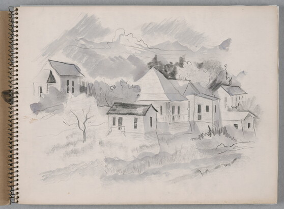 A black-and-white watercolor in a spiral sketchbook of six houses built into the side of a hill.