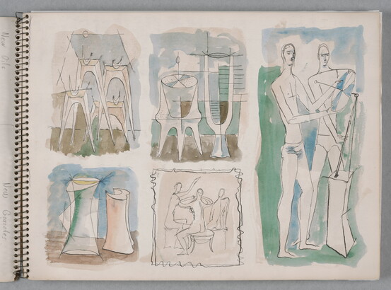 A group of five separate watercolor studies, three still-life and two figure drawings, on a page of a bound sketchbook.