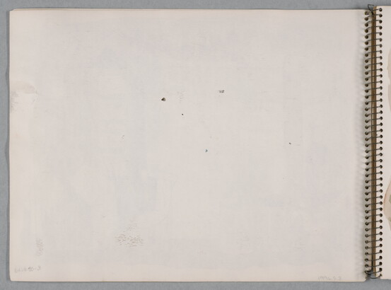 A watercolor drawing of a neighborhood street, including buildings, a chair, garbage cans, and a potted plant, on a page of a bound sketchbook.