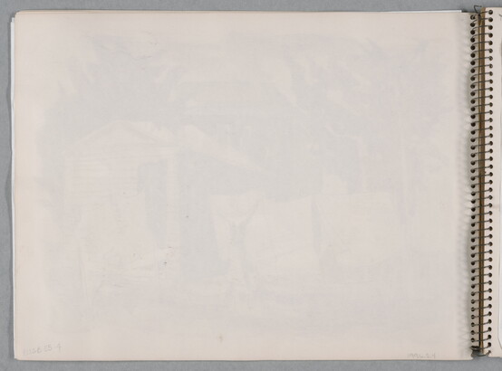 A watercolor drawing of a woman hanging laundry behind a small building on a page of a bound sketchbook.