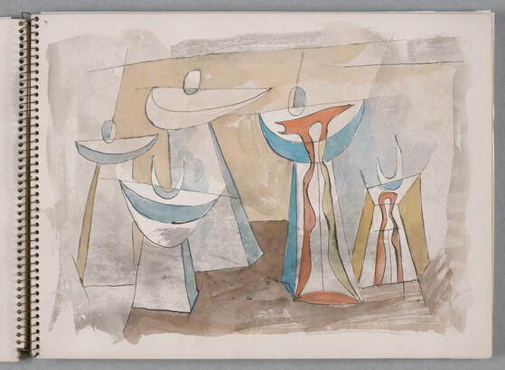 A watercolor drawing of abstract, human-like figures on a page of a bound sketchbook.