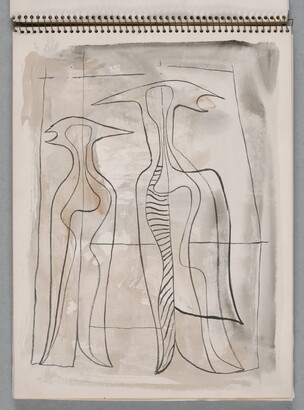 A watercolor drawing of two abstracted, bird-like figures on a page of a bound sketchbook.