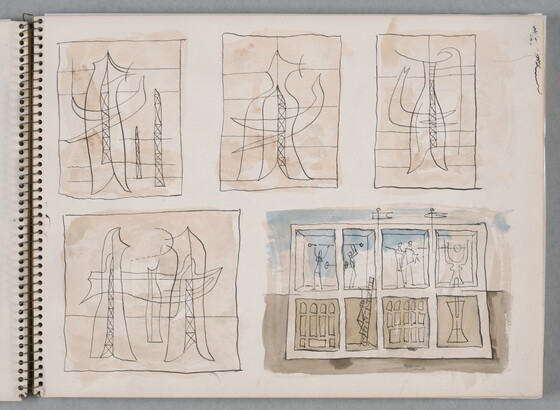 A group of five separate watercolor studies, four of abstract figures and one a cross-section of a building, on a page of a bound sketchbook.