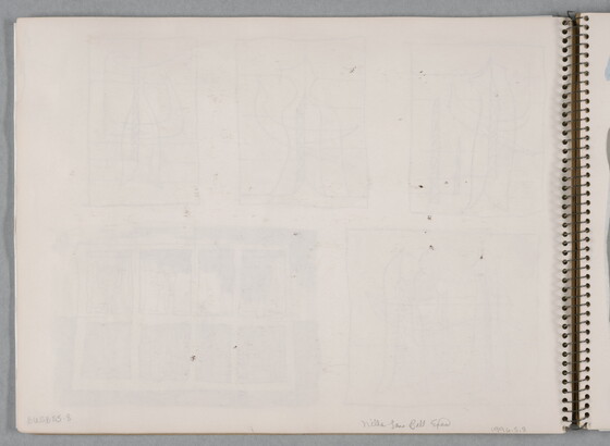 A group of five separate watercolor studies, four of abstract figures and one a cross-section of a building, on a page of a bound sketchbook.