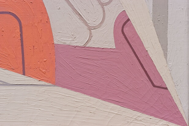 A detail of an abstract oil painting of an eggbeater, a glove, and a fan flattened into geometric shapes.