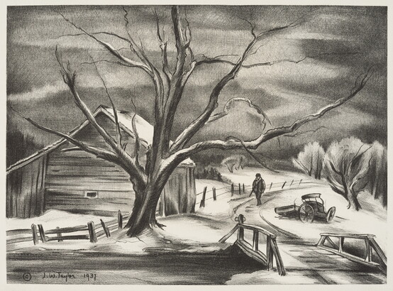 A black-and-white print of a person walking down a road past a wooden barn and a large, bare tree on a snowy, overcast day.