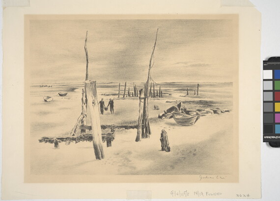 A black-and-white print of two people walking on a beach among several boats that are aground and wooden dock poles rising up through the sand.