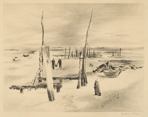 A black-and-white print of two people walking on a beach among several boats that are aground and wooden dock poles rising up through the sand.
