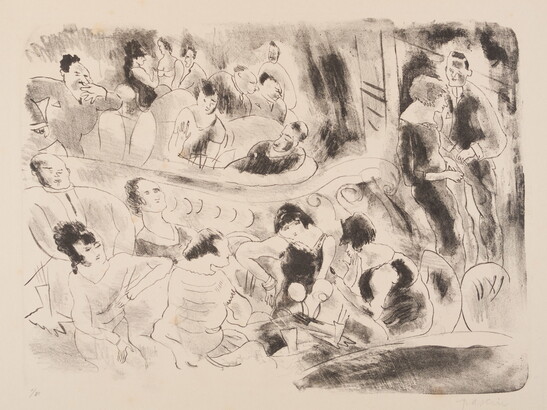 A black-and-white print illustrating a large group of men and women sitting and conversing in a nightclub.