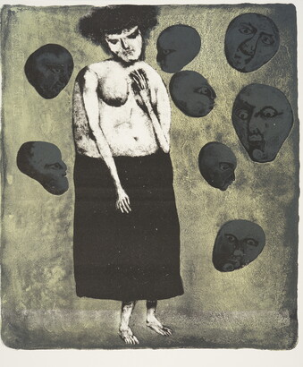 An abstract black-and-white print of a topless White woman wearing a black skirt surrounded by faces floating like balloons.