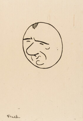 A black-and-white print of a simple line drawing: a circle containing squinting eyes, a bulbous nose, and a pursed mouth.