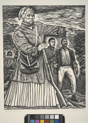 A black-and-white print of Harriet Tubman pointing the way for several Black figures behind her.