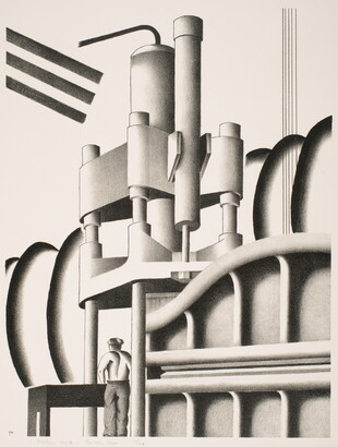 A black-and-white print of a man standing at a table that is under a large piece of machinery.