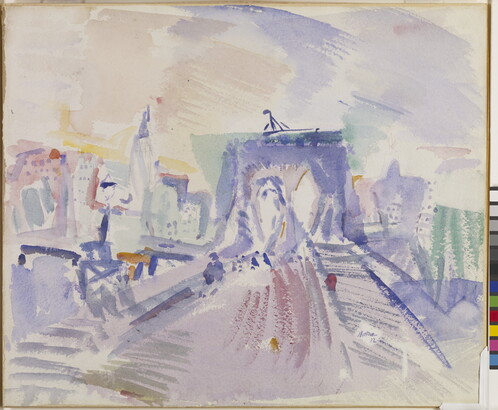 An abstract watercolor of the Brooklyn Bridge with the New York City skyline behind it.