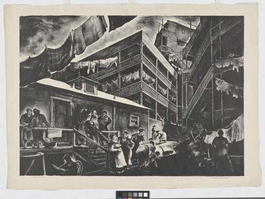A black-and-white cityscape print of people talking and working in front of tenement housing with laundry hanging on lines between buildings.