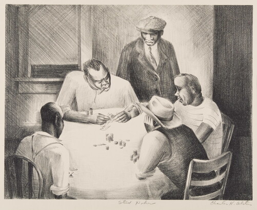 A black-and-white print of five Black men, four sitting and one standing, at a round table playing cards.