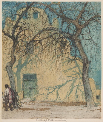 A color print of people walking beneath two leafless trees in front of an adobe church.