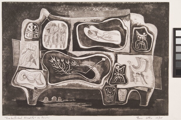 An abstract black-and-white print of an organic shape, divided into sections, each filled with other abstracted, organic forms.