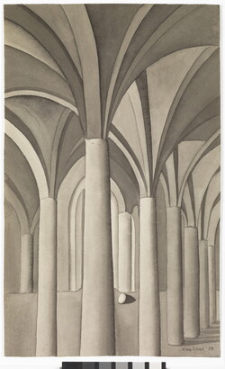A grayscale watercolor of the interior of a columned building with vaulted ceilings and a small egg resting on either a floor or a wall between two columns.