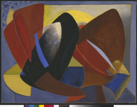 An abstract oil painting of organic and geometric shapes in red, yellow, black, and brown on a blue background.