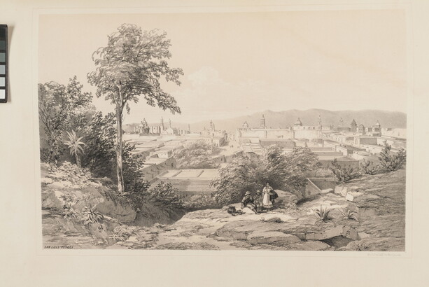 A black-and-white print of people standing in a rocky landscape with trees and a city in the background.