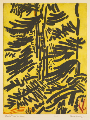 An abstract color print of bold black marks and squiggles resembling tree branches covering a yellow background.