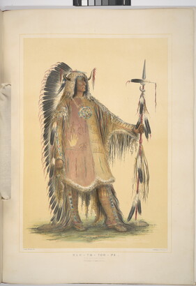 A color print of an Indigenous man dressed in a tunic, full-length headdress, and holding a feathered spear.