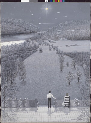A whimsical oil painting in mostly grays, blacks, and whites of a man and a woman on a patio gazing out on a moonlit snow scene.