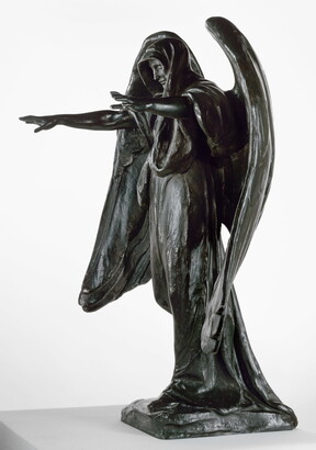 A bronze sculpture of a hooded female figure with wings holding her arms outstretched in front of her.