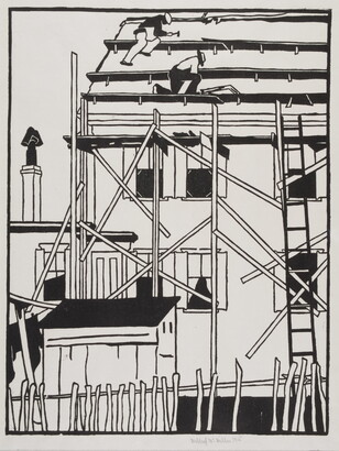 An abstract black-and-white print of workers on scaffolding working on the roof of a two-story building.