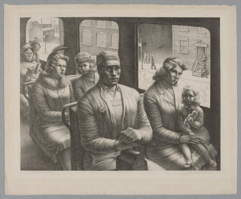 A black-and-white print of a Black man sitting in a street car next to a White woman and child with other White passengers in the background.