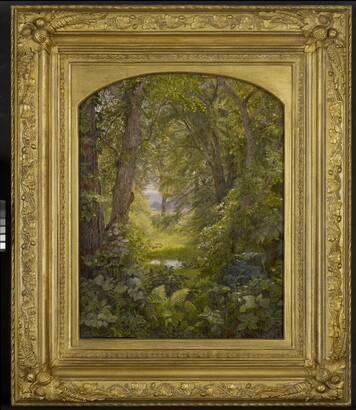 An oil painting of a lush green forest with a variety of plants in the foreground and tall trees in the distance.