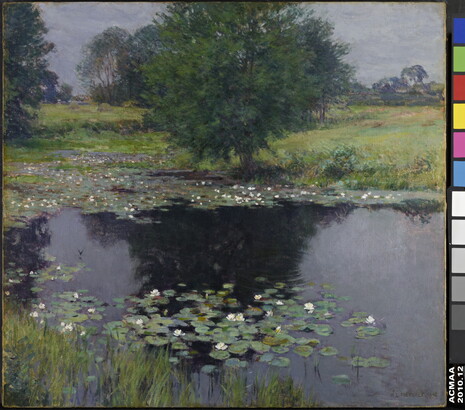 An impressionist-style oil painting of a dark pond with floating water lilies and lush green surroundings.