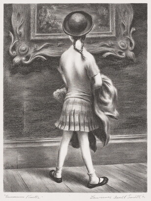 A black-and-white print of a little girl seen from behind wearing a hat and skirt looking at an artwork in a decorative frame hanging on the wall.