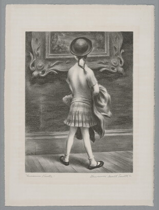 A black-and-white print of a little girl seen from behind wearing a hat and skirt looking at an artwork in a decorative frame hanging on the wall.