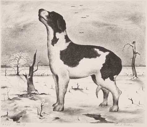 A black-and-white print of a black-and-white dog, tail tucked between its legs, standing alone outside in a desolate landscape.