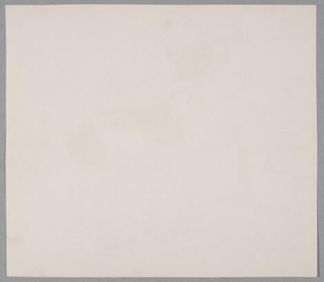 A black-and-white print of a black-and-white dog, tail tucked between its legs, standing alone outside in a desolate landscape.