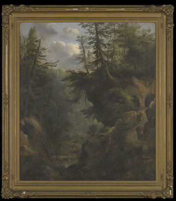 An oil painting of a lush forest and river valley with three people walking up a dirt path toward caves tucked into the side of the hills.