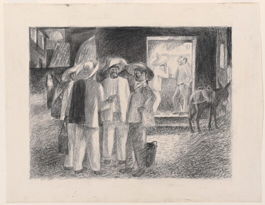 A black-and-white drawing of men, most wearing sombreros, talking in a street in front of a bar; a donkey stands outside the entrance.