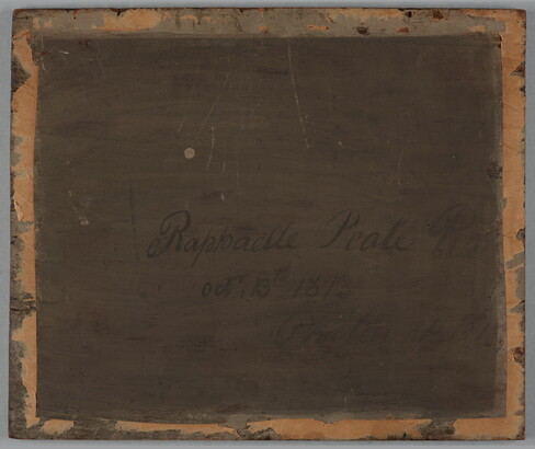 A still life oil painting of a cluster of purple grapes and several peaches next to a white, porcelain basket holding more peaches.