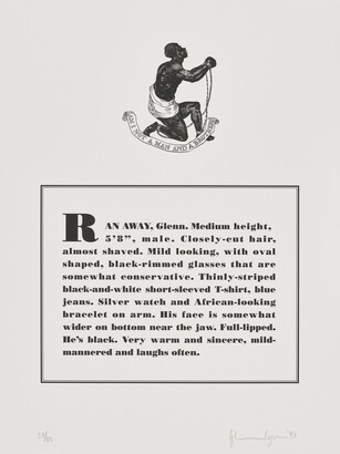 A black-and-white print of a historical graphic of an enslaved person placed above a paragraph that describes physical attributes and personality traits of the Black artist.